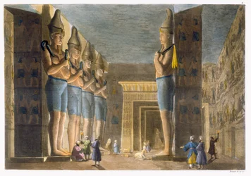 Chrám Ramesse II. (1279-13 př. n. l.), Abú Simbel, Egypt, tabule 4 z knihy „Le Costume Ancien et Moderne“ od Julese Ferraria, vydané kolem 1820-30